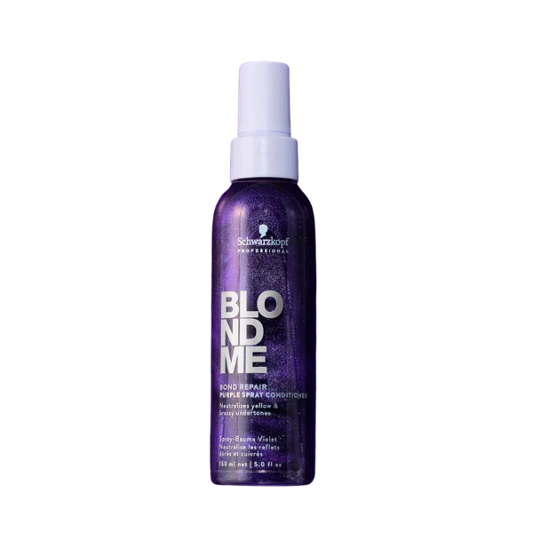 Spray Acondicionador BlondMe Purple para neutralizar tonos amarillos en cabello rubio.