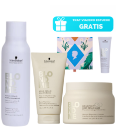 Kit Blondme Reparador Matizante con shampoo morado, mascarilla y bálsamo sellador para cabello rubio.