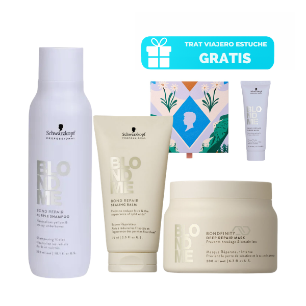 Kit Blondme Reparador Matizante con shampoo morado, mascarilla y bálsamo sellador para cabello rubio.