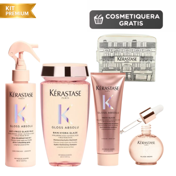Kerastase Kit Completo Gloss Absolu Shampoo Acondicionador Spray Aceite rutina anti frizz y brillo intenso