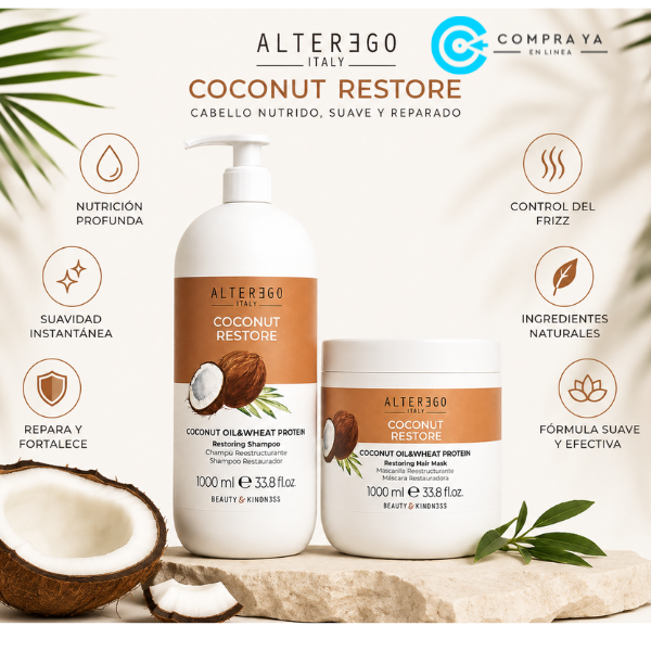 Cabello nutrido con SHAMPOO MASCARILLA COCO ALTER EGO KIT GRANDE.