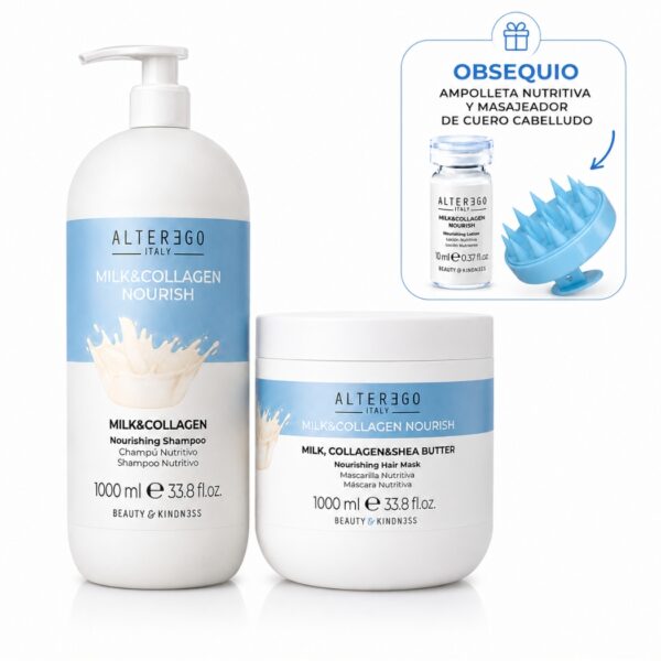Kit Shampoo Mascarilla Leche Alter Ego 1000ml tratamiento nutritivo profesional para cabello seco y deshidratado