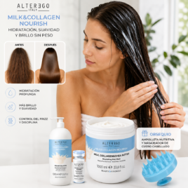 Resultado de cabello brillante y suave con Kit Shampoo Mascarilla Leche Alter Ego 1000ml