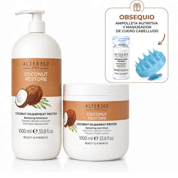 SHAMPOO MASCARILLA COCO ALTER EGO KIT GRANDE con shampoo y mascarilla de 1000 ml, válvula dosificadora y peinilla de obsequio.