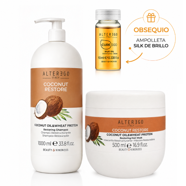 SHAMPOO TRATAMIENTO COCO ALTER EGO KIT con shampoo de 1000 ml, mascarilla de 500 ml, válvula dosificadora y ampolleta de obsequio.