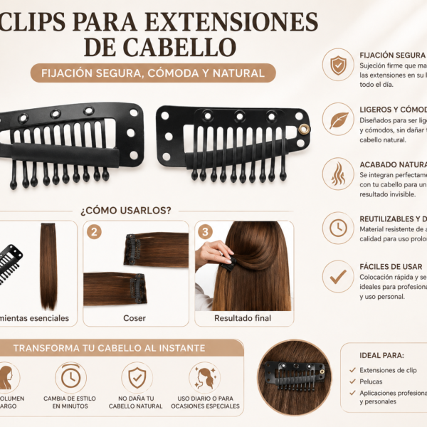 Peinetas Clips para Extensiones Negro 50 Unidades con sistema de apertura y cierre.