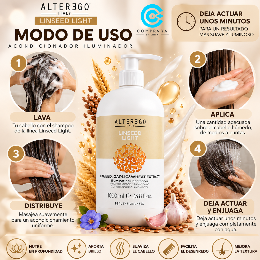 LINSEED LIGHT ACONDICIONADOR ALTER EGO SEMILLA DE LINO 3 Alter Ego Linseed Conditioner Para Cabello Sin Brillo Forma De Uso