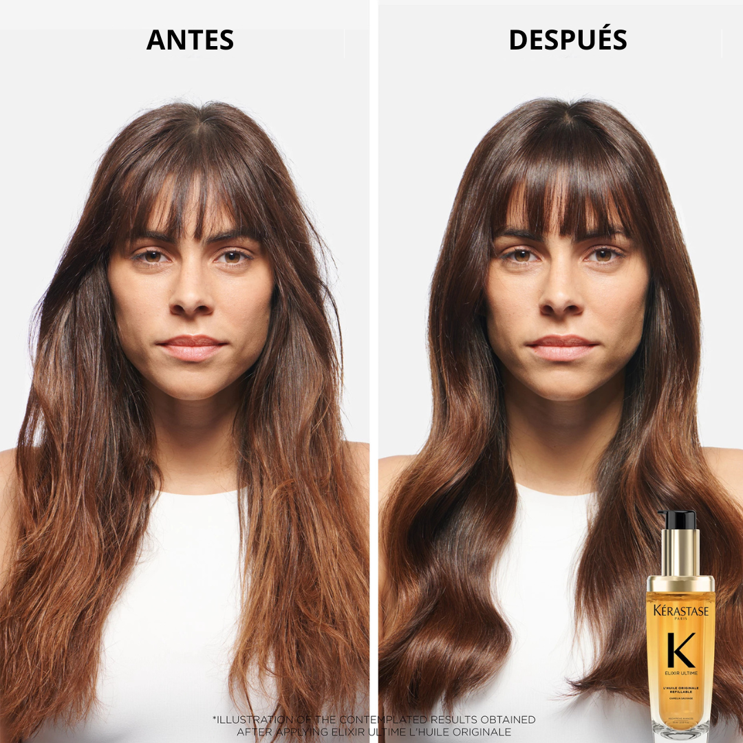 Resultado Antes Y Después Con Kerastase Elixir Ultime Para Cabello Brillante Y Suave
