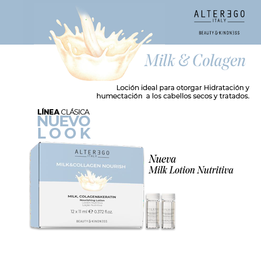 Ampolletas Alterego Leche Milk Colageno beneficio nutricion y suavidad capilar