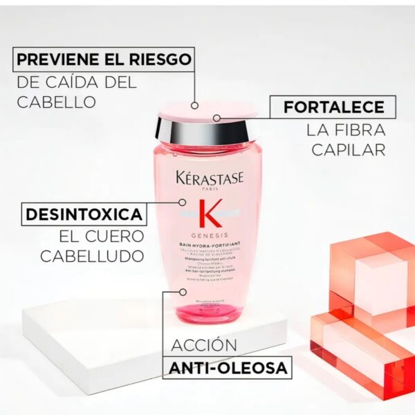 Shampoo Kerastase Genesis Bain Hidra Fortifiant Anticaída ayuda a reducir la caída por quiebre.