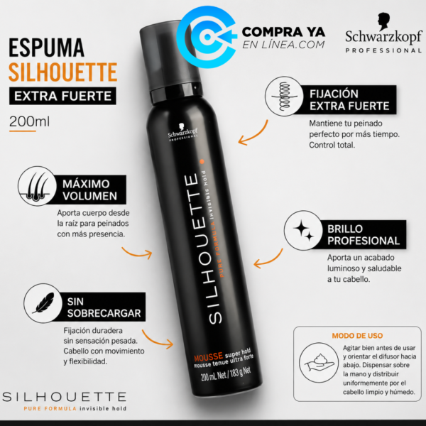 Fijación extra fuerte con espuma Schwarzkopf Silhouette profesional.