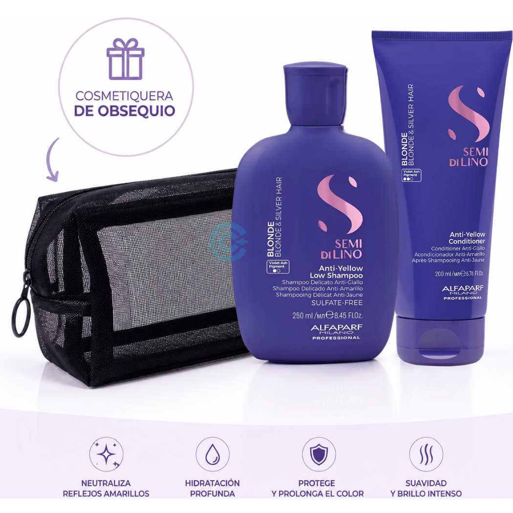 KIT ALFAPARF ANTIYELLOW BLONDE SHAMPOO ACONDICIONADOR 2 Kit Antiamarillo Alfaparf Con Obsequio Para Cabello Rubio, Platinado Y Decolorado.
