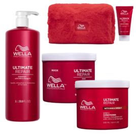 Kit Wella Ultimate Repair Reparación Profesional con shampoo de 1000 ml, acondicionador de 500 ml, tratamiento de 500 ml y obsequio.