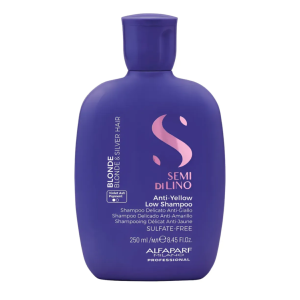 Shampoo Alfaparf Blonde Antiyellow Antiamarillo para neutralizar reflejos amarillos en cabello rubio, platinado y gris.