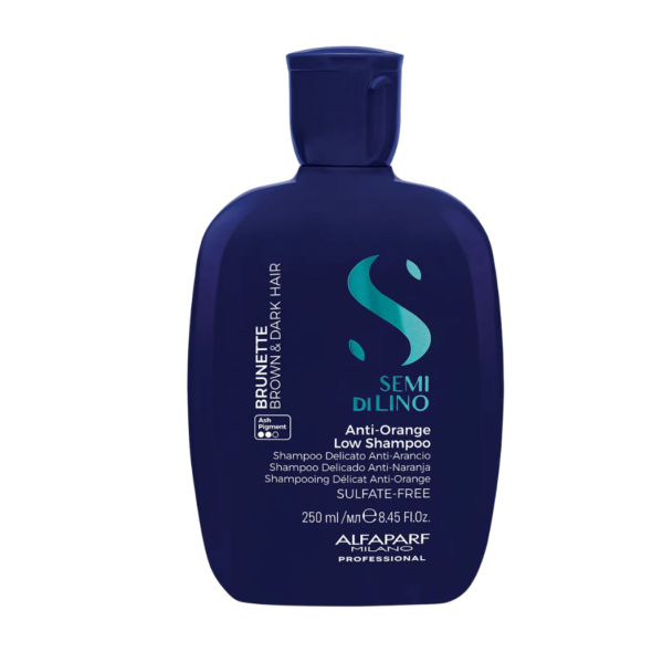 Shampoo Alfaparf Antiorange Brunette Antinaranja Semi di Lino para neutralizar reflejos naranjas en cabello castaño y moreno.