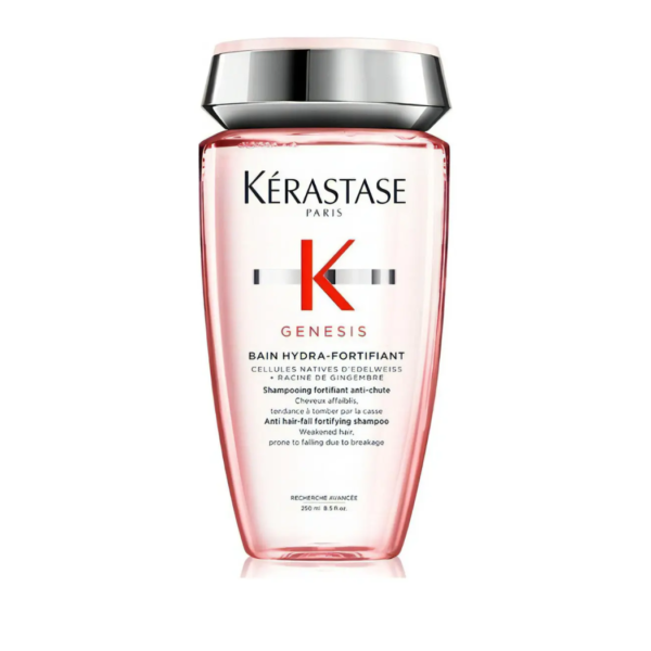 Shampoo Kerastase Genesis Bain Hidra Fortifiant Anticaída en envase profesional para fortalecer el cabello con tendencia a la caída por quiebre.