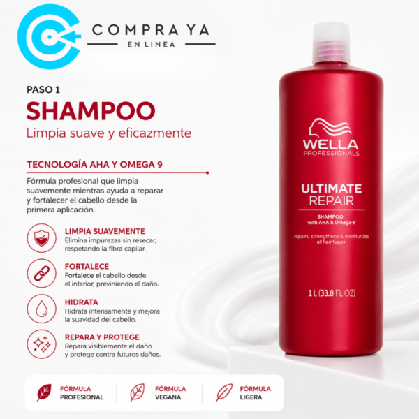 Wella Shampoo Ultimate Repair 1000ml para reparación del cabello dañado.