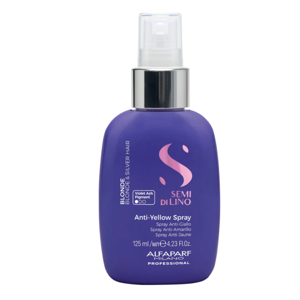 Spray Antiyellow Alfaparf Antiamarillo Semi di Lino Blonde de 125 ml para neutralizar reflejos amarillos localizados.