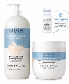 Kit Alter Ego Leche Milk Shampoo Mascarilla 500Ml Obsequio Ampolleta Nutritiva De Leche Sobre Fondo Blanco Mostrando Rutina Nutritiva Capilar
