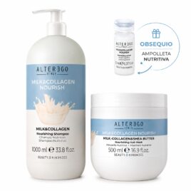 Kit Alter Ego Leche Milk Shampoo Mascarilla 500ml Obsequio Ampolleta Nutritiva de Leche sobre fondo blanco mostrando rutina nutritiva capilar