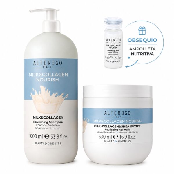 Kit Alter Ego Leche Milk Shampoo Mascarilla 500ml Obsequio Ampolleta Nutritiva de Leche sobre fondo blanco mostrando rutina nutritiva capilar