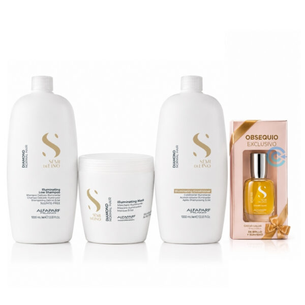 Kit Alfaparf Diamond Illuminating Profesional con shampoo 1000ml acondicionador 1000ml mascarilla 500ml aceite Cristalli Liquidi 15ml y cepillo