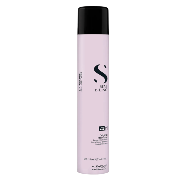 Laca Original Brillante Alfaparf Semi Di Lino en spray profesional para fijación flexible y brillo natural del cabello.