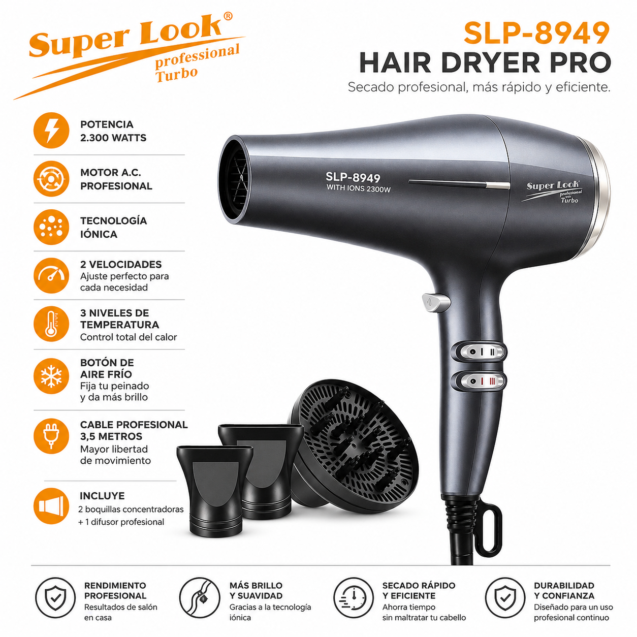 SECADOR CABELLO PROFESIONAL SUPERLOOK 8949 DIFUSOR IONICO 3 Secador Cabello Profesional Superlook 8949 Difusor Ionico - Imagen 3