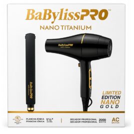 Kit Plancha Secador BabylissPro Edicion Nano Gold con plancha Nano Titanium y secador profesional de 2000 watts.