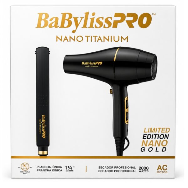 Kit Plancha Secador BabylissPro Edicion Nano Gold con plancha Nano Titanium y secador profesional de 2000 watts.