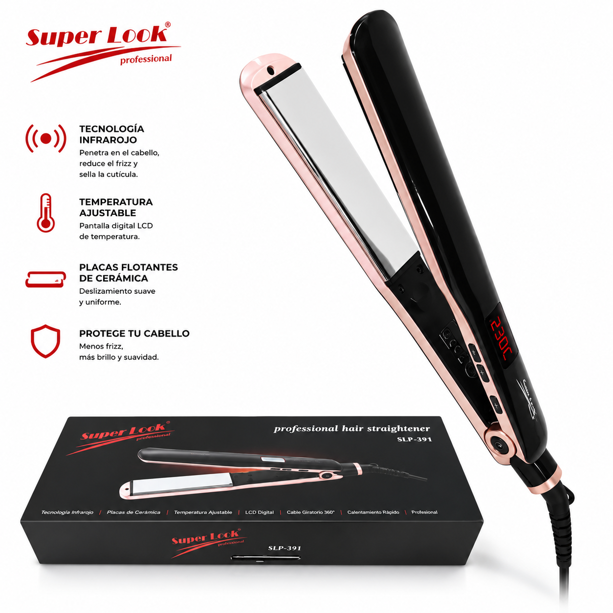PLANCHA SUPER LOOK 394 PROFESIONAL TITANIUM LCD INFRAROJA 2 Plancha Liso Ondas Superlook 391 Profesional Con Tecnología Infrarroja, Placas Flotantes De Cerámica Y Pantalla Lcd Digital.