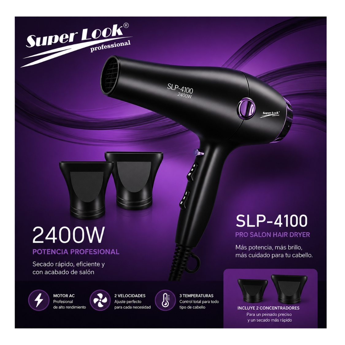 SECADOR CABELLO PROFESIONAL SUPER LOOK 4100 4 Secador Cabello Profesional Super Look 4100 De 2400W Con Motor Ac Profesional.