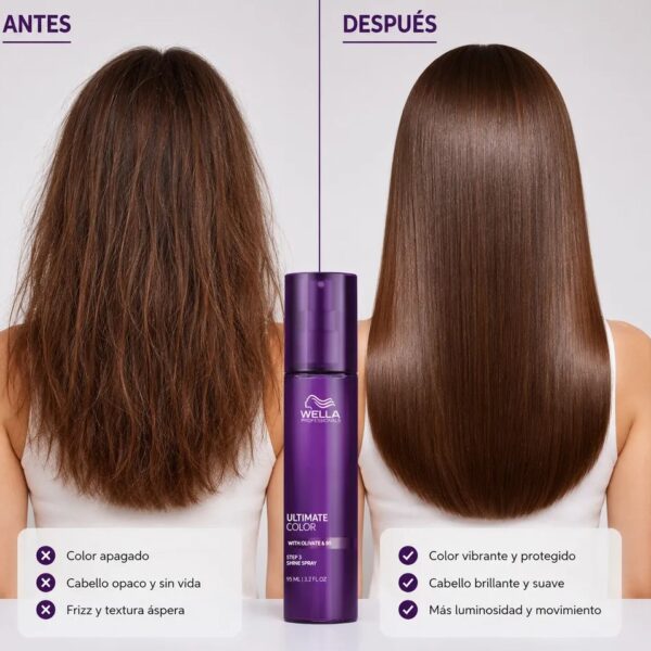 Shine Spray Wella Professionals Ultimate Color 95 Ml aporta brillo al cabello teñido.