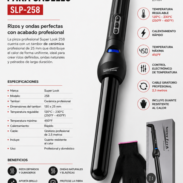 Tambor cerámico de la Rizadora Tubo Pinza Onduladora Profesional Super Look 258.