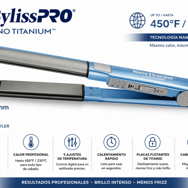 Plancha BabylissPro Nano Titanium 230°C utilizada en salón de belleza.