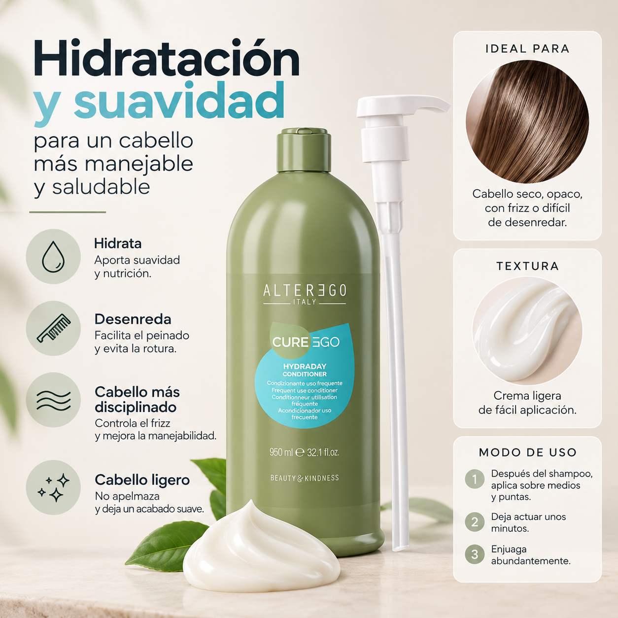 ACONDICIONADOR HYDRADAY ALTER EGO 950ML 2 Alt: Acondicionador Hidraday Alter Ego Para Hidratación De Medios Y Puntas. Título: Hidraday-Hidratacion-Medios-Puntas Leyenda: Hidratación Enfocada En Largos Y Puntas. Descripción: Imagen Explicativa Del Beneficio Hidratante Y Acondicionador Para Zonas Secas Del Cabello.