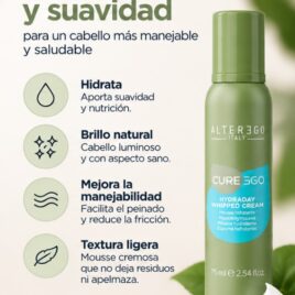 Espuma Whipped Cream Hydraday Alter Ego 75ml con beneficios de hidratación, suavidad, brillo y manejabilidad del cabello.