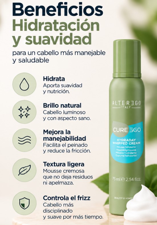 ESPUMA WHYPPED CREAM HYDRADAY ALTER EGO 75ML 2 Espuma Whipped Cream Hydraday Alter Ego 75Ml Con Beneficios De Hidratación, Suavidad, Brillo Y Manejabilidad Del Cabello.