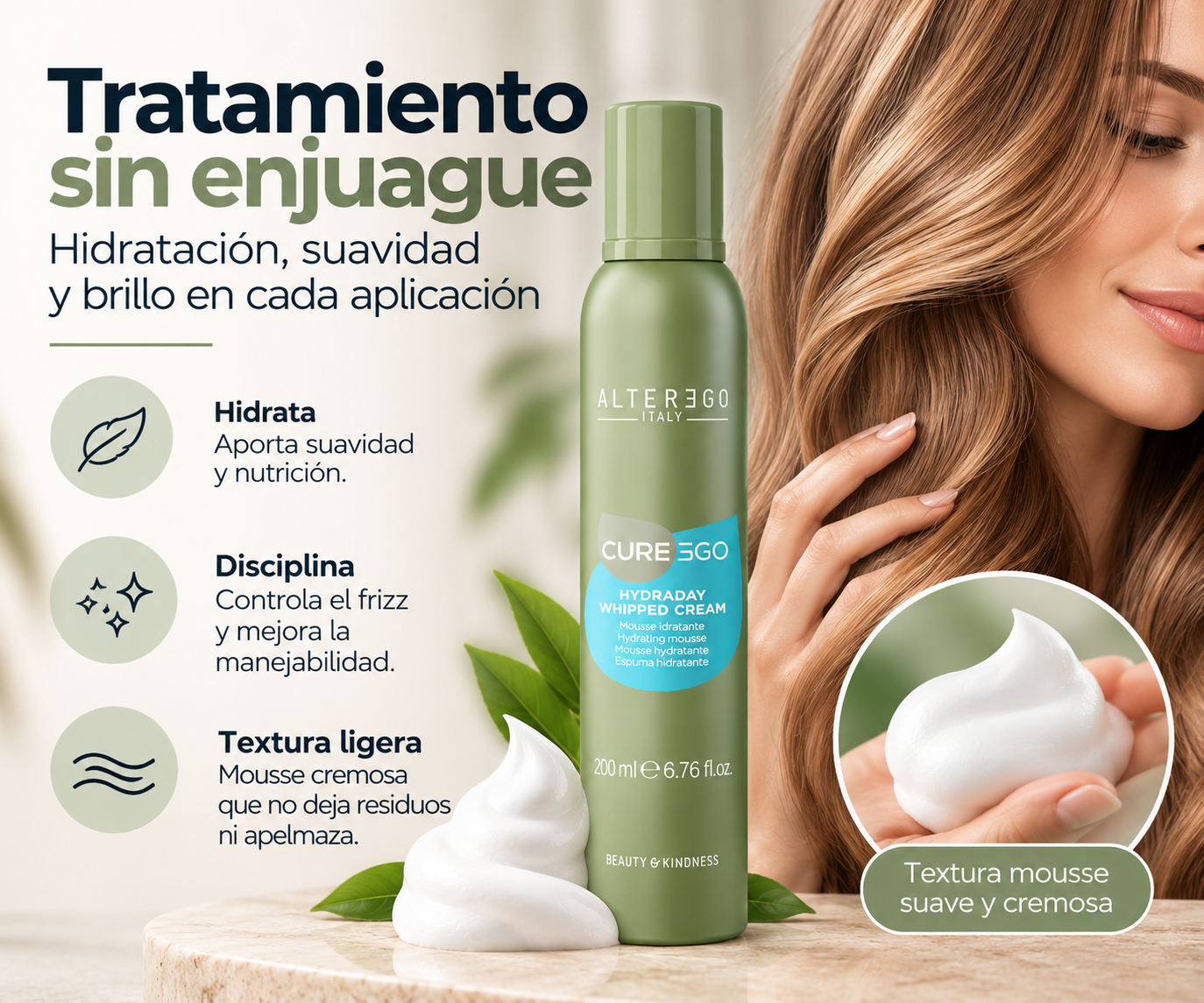ESPUMA WHYPPED CREAM HYDRADAY ALTER EGO 2 Hydraday Whipped Cream Hidratación Extra Para Medios Y Puntas.