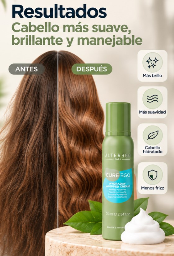 ESPUMA WHYPPED CREAM HYDRADAY ALTER EGO 75ML 3 Resultado En Cabello Con Espuma Whipped Cream Hydraday Alter Ego 75Ml Mostrando Suavidad, Brillo Y Manejabilidad.