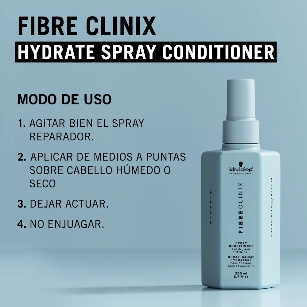 SPRAY FIBRE CLINIX HYDRATE HIDRATANTE 200ML 3 Modo De Uso Del Spray Hidratante Fibre Clinix Hydrate Agitar Y Aplicar De Medios A Puntas Sin Enjuagar
