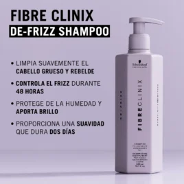Beneficios del champú Fibre Clinix De-Frizz Suavizante controla el frizz y protege el cabello rebelde de la humedad