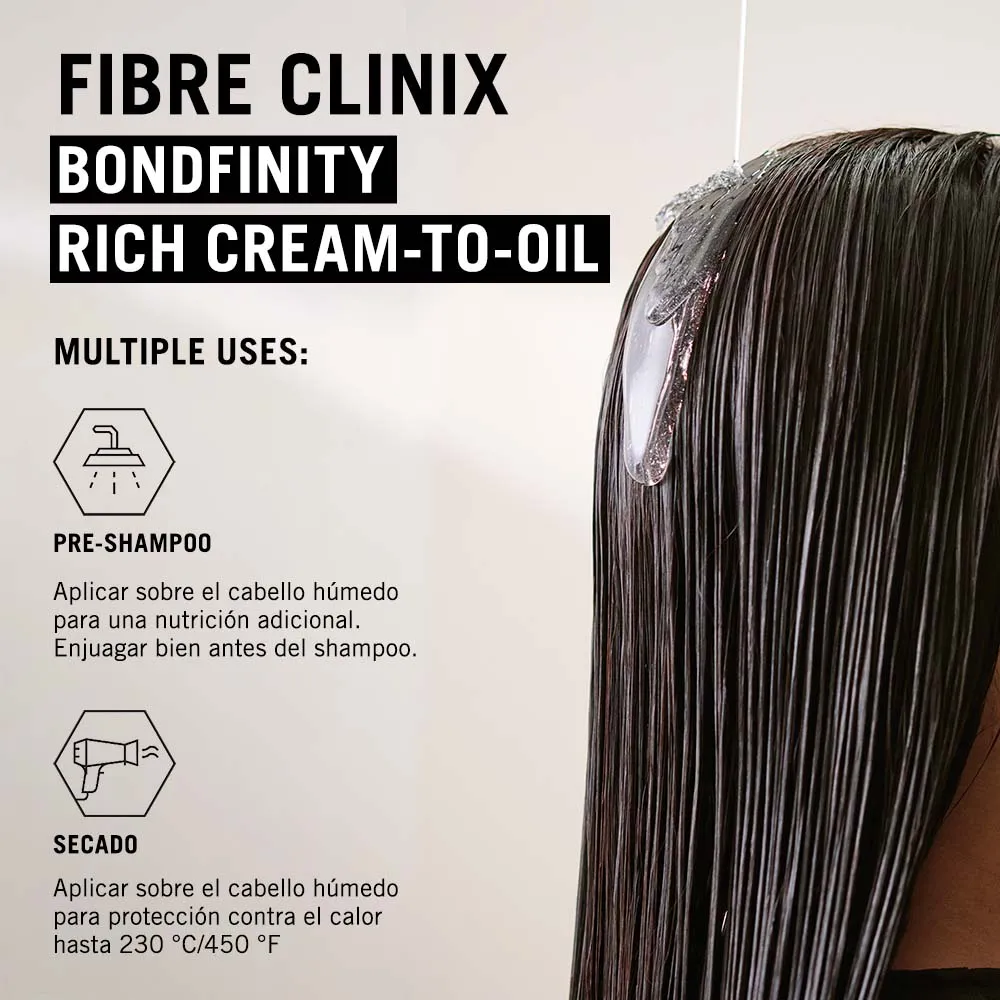 ACEITE FIBRE CLINIX BONDFINITY RICH CREAM-TO-OIL 100ML 4 Usos Del Aceite Fibre Clinix Bondfinity Rich Cream-To-Oil Como Pre-Shampoo Y Protector Para El Secado