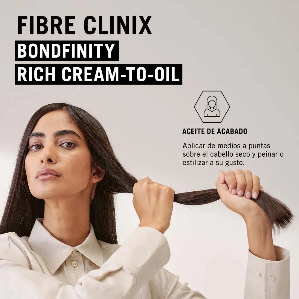 ACEITE FIBRE CLINIX BONDFINITY RICH CREAM-TO-OIL 100ML 5 Aceite De Acabado Fibre Clinix Bondfinity Rich Cream-To-Oil Aplicado De Medios A Puntas En Cabello Seco