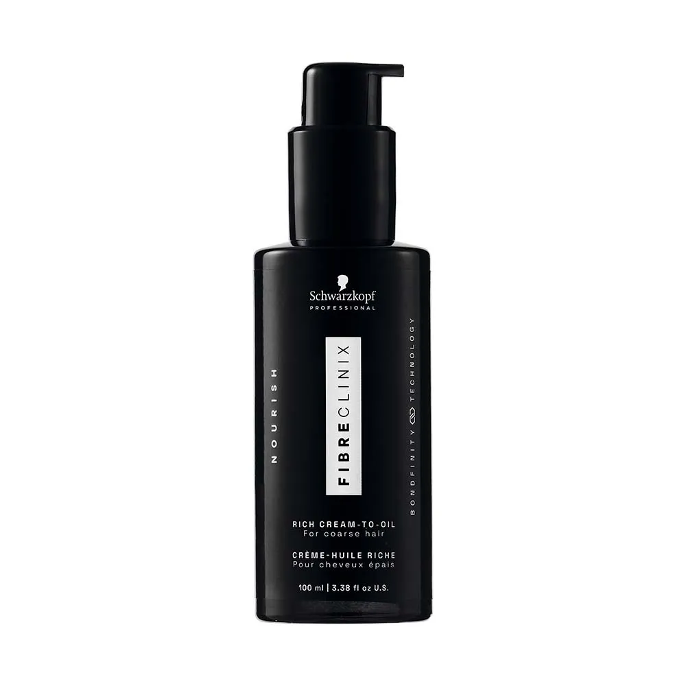 ACEITE FIBRE CLINIX BONDFINITY RICH CREAM-TO-OIL 100ML 1 Aceite Fibre Clinix Bondfinity Rich Cream-To-Oil 100Ml Schwarzkopf Professional Frasco Negro Con Dosificador Sobre Fondo Blanco