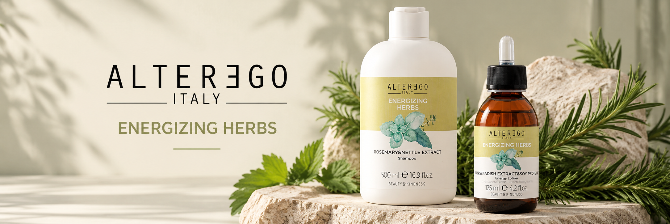 Alter Ego Energizing Herbs línea profesional italiana con shampoo de romero y ortiga y loción energizante para el cuero cabelludo
