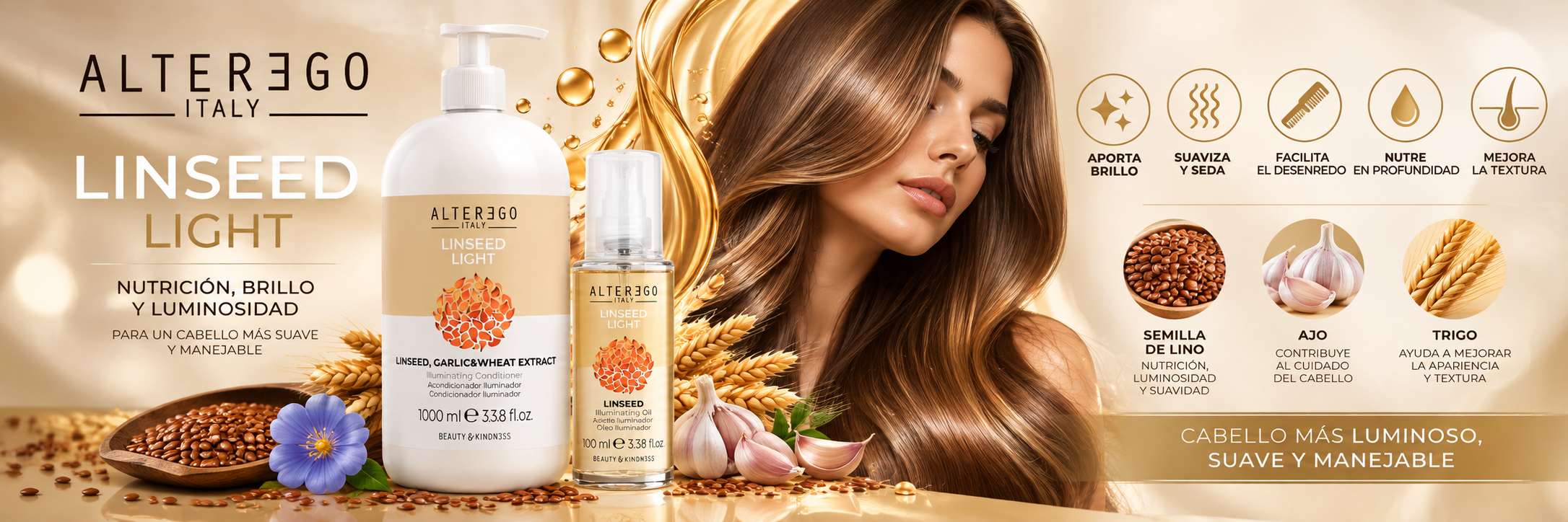 Alter Ego Linseed Light para cabello seco y sin brillo con acondicionador y aceite iluminador