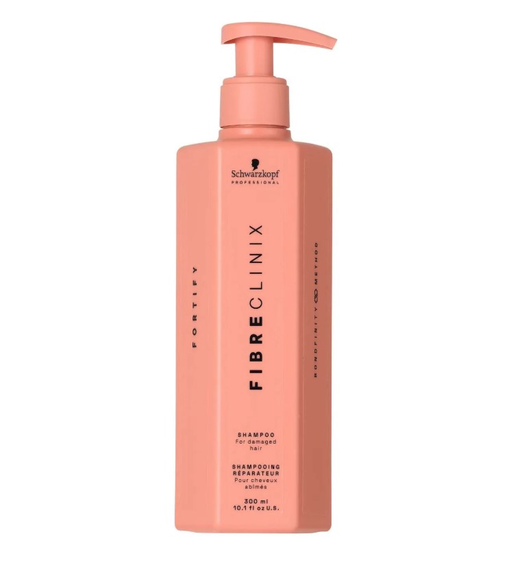 SHAMPOO FIBRE CLINIX FORTIFY REPARADOR 300ML 1 Shampoo Fibre Clinix Fortify Reparador 300Ml Schwarzkopf Professional Envase Con Dosificador Sobre Fondo Blanco