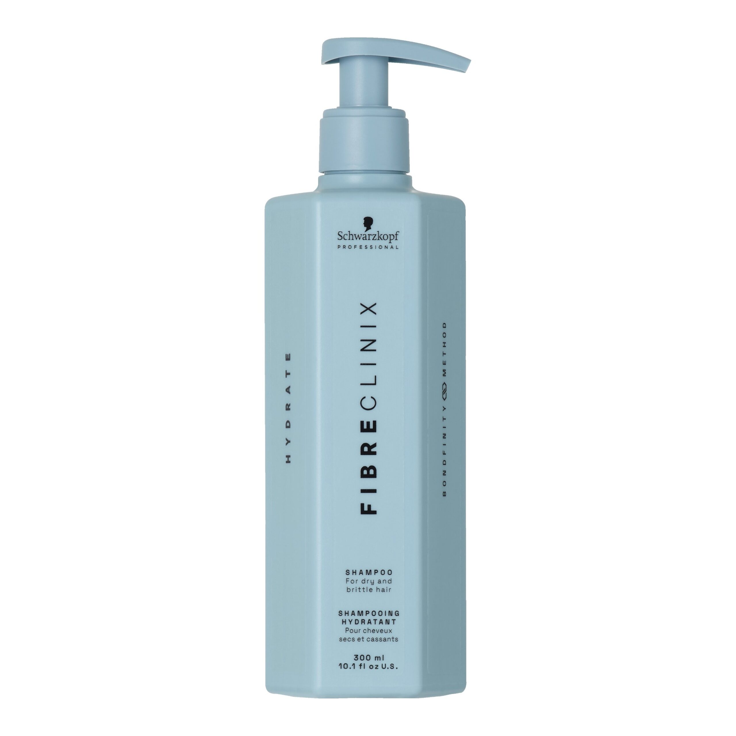 SHAMPOO FIBRE CLINIX HYDRATE HIDRATANTE 300ML 1 Shampoo Fibre Clinix Hydrate Hidratante 300Ml Schwarzkopf Professional Envase Azul Con Dosificador Sobre Fondo Blanco