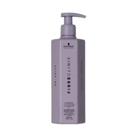 Shampoo Fibre Clinix De-Frizz Suavizante 300ml Schwarzkopf Professional envase lila con dosificador sobre fondo blanco